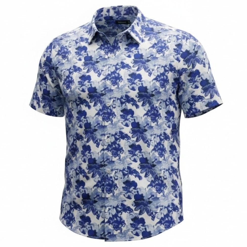 Perry Ellis Button Down Shirt Mens 3X Blue Floral Short Sleeve Cotton Lyocell
